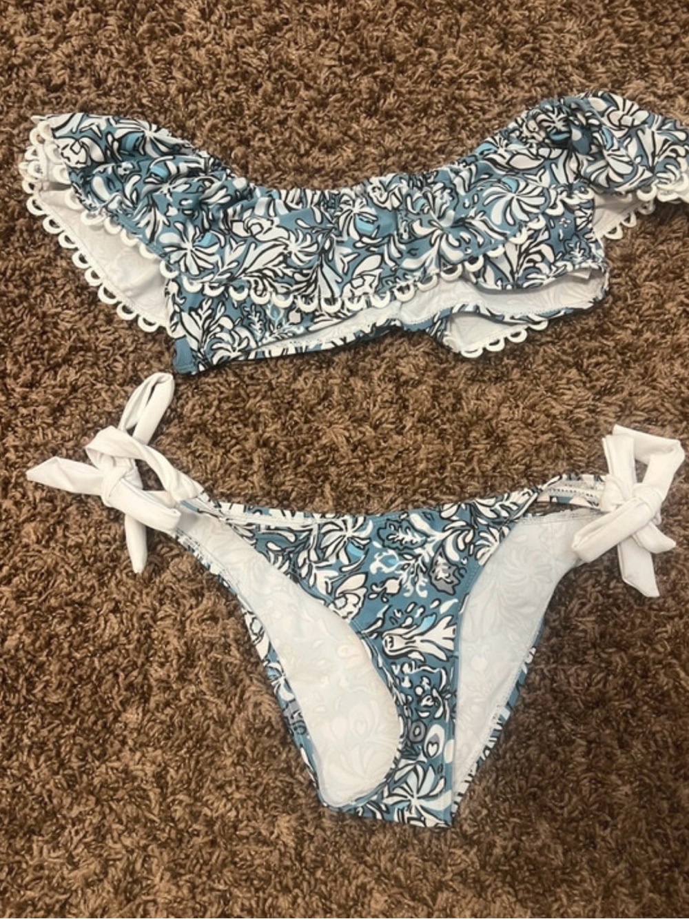 Blue and White Floral Ruffle Bikini Set
